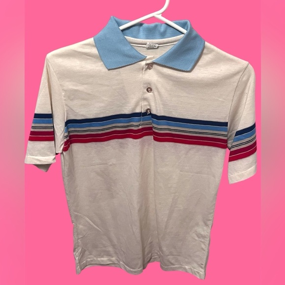 Men’s Striped Polo Shirt - Blue with colored stripes - Picture 1 of 3